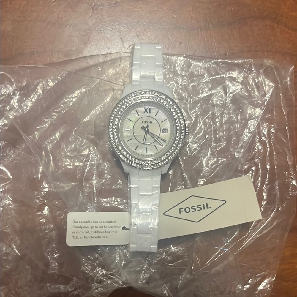 Fossil White Ceramic Watch with Crystal Accents